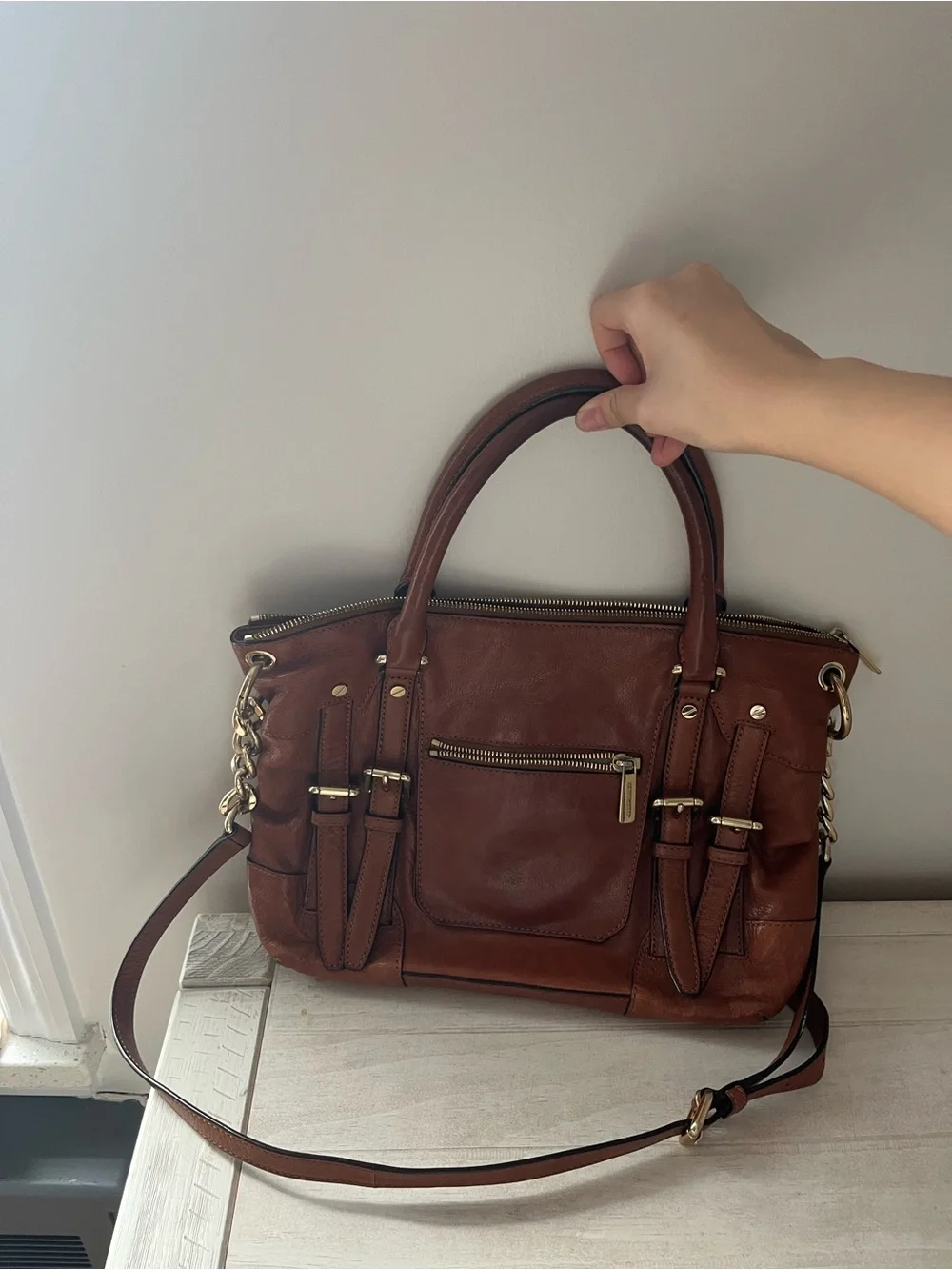 Michael Kors Brown Leather Satchel with Gold-Tone Hardware
